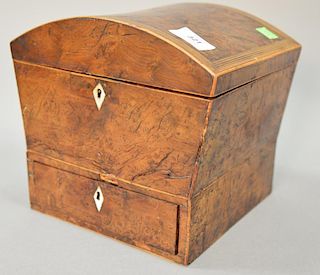 Burl dome top sewing box having dome top with fitted interior over one drawer. 
ht. 7 1/4 in.; wd. 9 in.