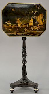 Tip table, brass trimmed with chinorserie decorated top on turned shaft on plain base with turned feet. 
ht. 29 in.; top: 13" x 18"