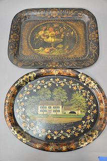 Two paint decorated tole trays including one still life signed H. D. and a house marked Richard Salter House built 1720 by Rev. Elea...