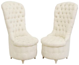 (2) BUTTON-TUFTED IVORY HIGHBACK SLIPPER CHAIRS
