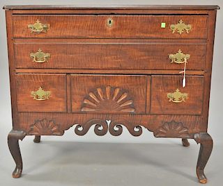 Queen Anne tiger maple chest on chest base with double drawer over triple drawer with carved fan, over fan and scroll carved skirt s...
