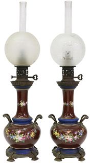 (2) PARCEL GILT CERAMIC & METAL KEROSENE OIL LAMPS