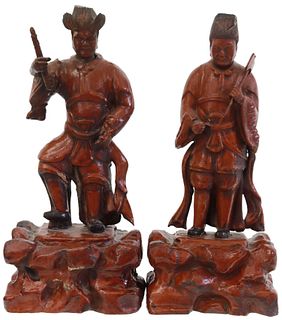 (2) CHINESE CARVED WOOD & RED LACQUERED FIGURES