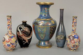 Five cloisonne vases including a pair of small bottle form vases with blossoming lotus and flowers, two 3 claw dragon vases, and a l...