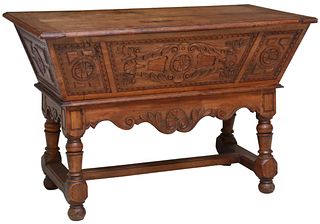 FRENCH PROVINCIAL CARVED WALNUT DOUGH BIN ON STAND