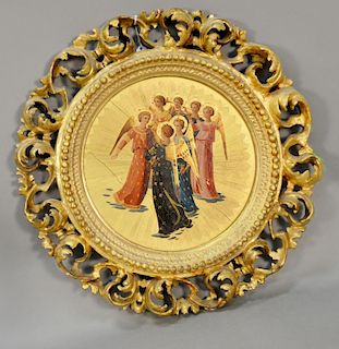 After Fra Angelico  
Round Religious Icon with Musician Angels 
on gilt panel in fretwork gilt frame (frame repaired). 
dia. 17 1/2 in.