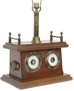 MAHOGANY-CASED WEATHER STATION TABLE LAMP