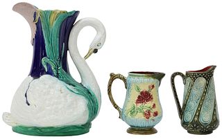 (3) ENGLISH SWAN & OTHER MAJOLICA PITCHERS