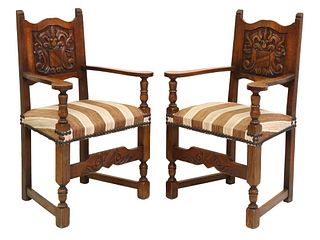 (2) FRENCH ARMORIAL CARVED OAK ARMCHAIRS