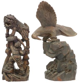 (2) CHINESE CARVED WOOD FENGHUANG & LION STATUES