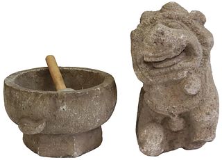 (2) CHINESE CARVED STONE FOO LION & MORTAR