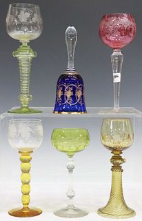 (6) CONTINENTAL COLORED GLASS STEMWARE & BELL
