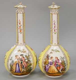 Pair of 19th century Dresden porcelain bottle shaped vases with covers (as is).
ht. 13 1/2 in.