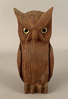 Wooden Carved Owl w/Yellow Glass Eyes