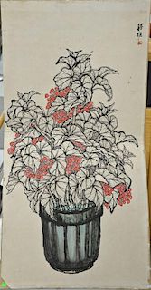 Watercolor on paper mounted on board of a pot of flowers (53" x 27"), signed with seal mark.