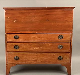 18th C 3 Drawer Blanket Chest in Red Paint