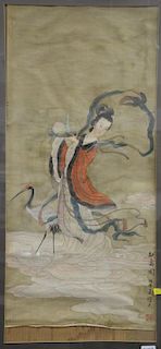 Oriental watercolor on silk of  geisha with crane. 35" x 16"