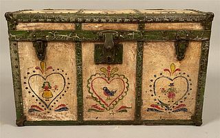 19th C Paint Decorated Trunk w/ Heart, Tulip etc.