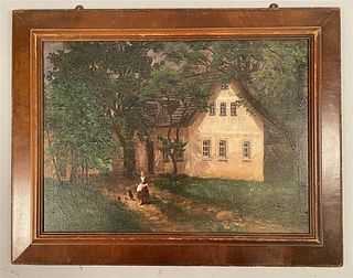 Oil on canvas-Large Home w/Woman Feeding Chickens