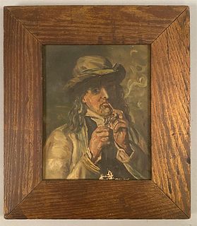 19th C Oil on Canvas-Man Lighting a Pipe