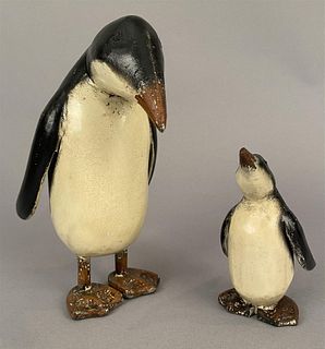 2 Vintage Carved Wooden Penguins-Mama & Baby