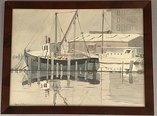 Charles E Pont Watercolor of a Docked Fishing Boat