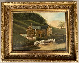 Primitive Oil on Board-House w/White Picket Fence