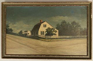 Oil on Board-Saltbox House w/Picket Fence