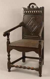 17th C Oak Wainscot Chair w/ Carved & Pressed Back