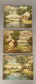 3 Oil Paintings on Board of Cottges w/ Windmills