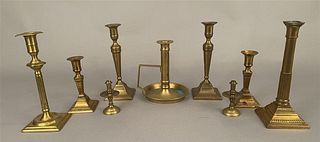9 Brass Candlesticks & 1 Small Fluid lamp