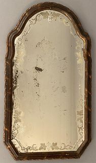17th or Early 18th C Shaped Mirror w/Etched Glass