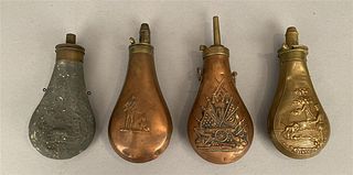 4 Antique Black Powder Flasks w/Embossed Designs