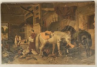 Large Fine Quality Painting of People & Animals in a Barn-as is