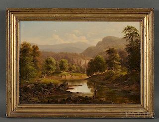 Attibuted to William Henry Titcomb (American, 1824-1888)      Mountain Landscape with Fisherman and Cattle.