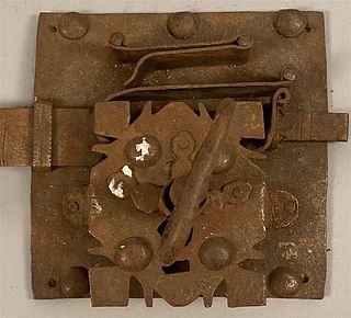 Hand Wrough Iron Lock w/Key & Exposed Mechanism