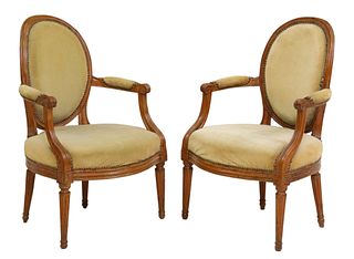 2) LOUIS XVI STYLE UPHOLSTERED OVAL-BACK FAUTEUILS