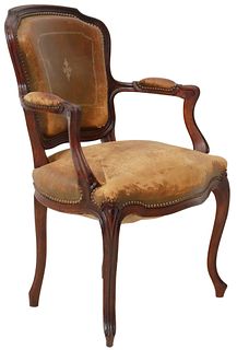 FRENCH LOUIS XV STYLE LEATHER UPHOLSTERED FAUTEUIL
