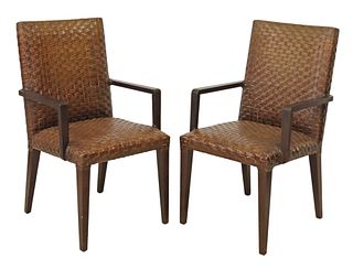 (2) ITALIAN WOVEN LEATHER UPHOLSTERED ARMCHAIRS