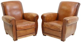(2) FRENCH ART DECO BROWN LEATHER CLUB CHAIRS