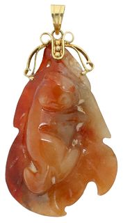 CHINESE 14K GOLD & CARVED JADE CAT ON LEAF PENDANT