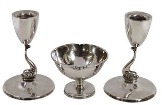 (3) STERLING SILVER CANDLESTICKS & BOWL, MEXICO