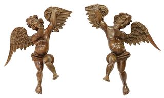 (2) ITALIAN BAROQUE STYLE CARVED WOOD PUTTI ANGELS