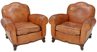 (2) FRENCH LEATHER UPHOLSTERED CLUB CHAIRS