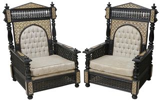 (2) MOORISH STYLE MOTHER OF PEARL INLAID ARMCHAIRS