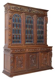FRENCH CARVED OAK & STAINED GLASS BOOKCASE
