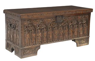 FRENCH GOTHIC REVIVAL CARVED OAK KNIGHT COFFER