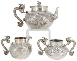 (3) CHINESE EXPORT SILVER DRAGON TEA SERVICE