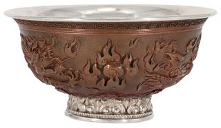 CHINESE SILVER & COPPER RELIEF-DECORATED BOWL