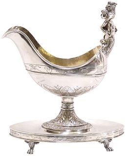LARGE CONTINENTAL SILVER SAUCEBOAT & STAND